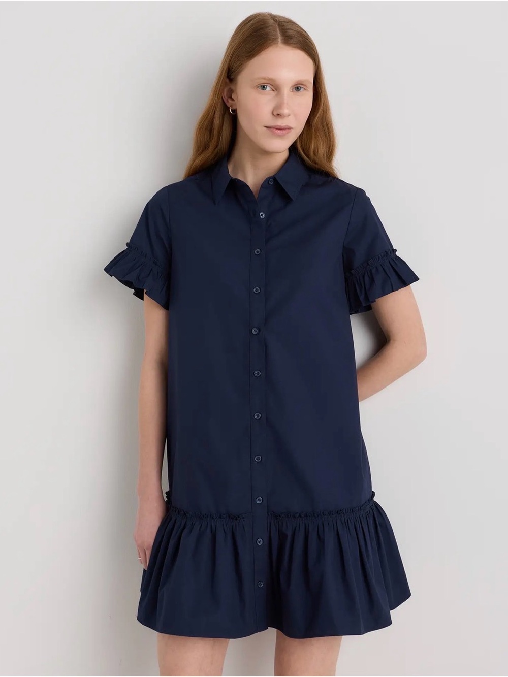 Quince Navy Ruffled Short-Sleeve Button-Front Mini Dress NWT
